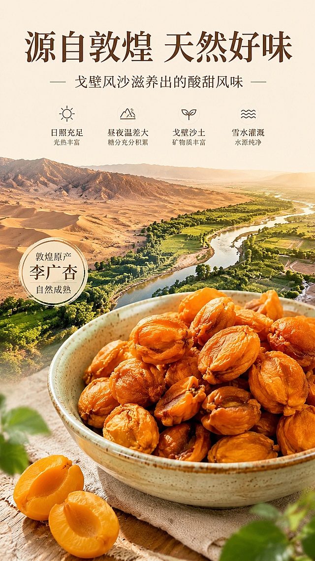 使用商品详情页技能根据商品图「图片1」「图片1」「图片1」「图片1」「图片1」「图片1」「图片1」生成详情页，参考图为，商品名称为敦煌李广杏肉 ，卖点为无核 酸甜 一杏两吃 可以泡水 可以直接吃 敦煌旅游伴手礼，适配平台为淘宝/天猫，图片比例为9:16，需求屏数为8张，