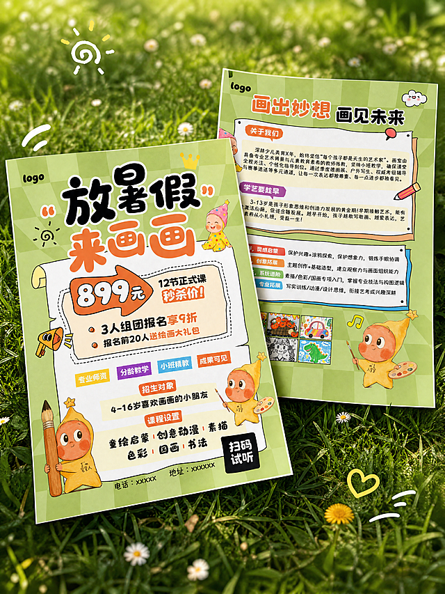 教育培训活动海报样机，两张A4海报斜放叠加，第一张是图片1，第二张是图片2，保持海报内容完整不变，背景为模糊的绿色草地，春日户外清新风格，卡通手绘小人插画，真实纸张质感，自然柔和阴影，8K高清，无水印，小红书3比4封面尺寸