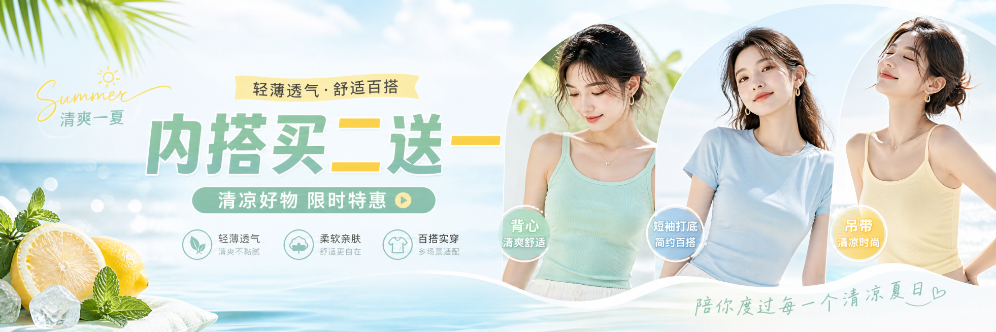 夏季服装主题广告横幅，展示夏日清爽风格的服装内搭，画面显眼位置标注促销文案"内搭买二送一"，整体风格清新活力，适合夏日氛围预览效果