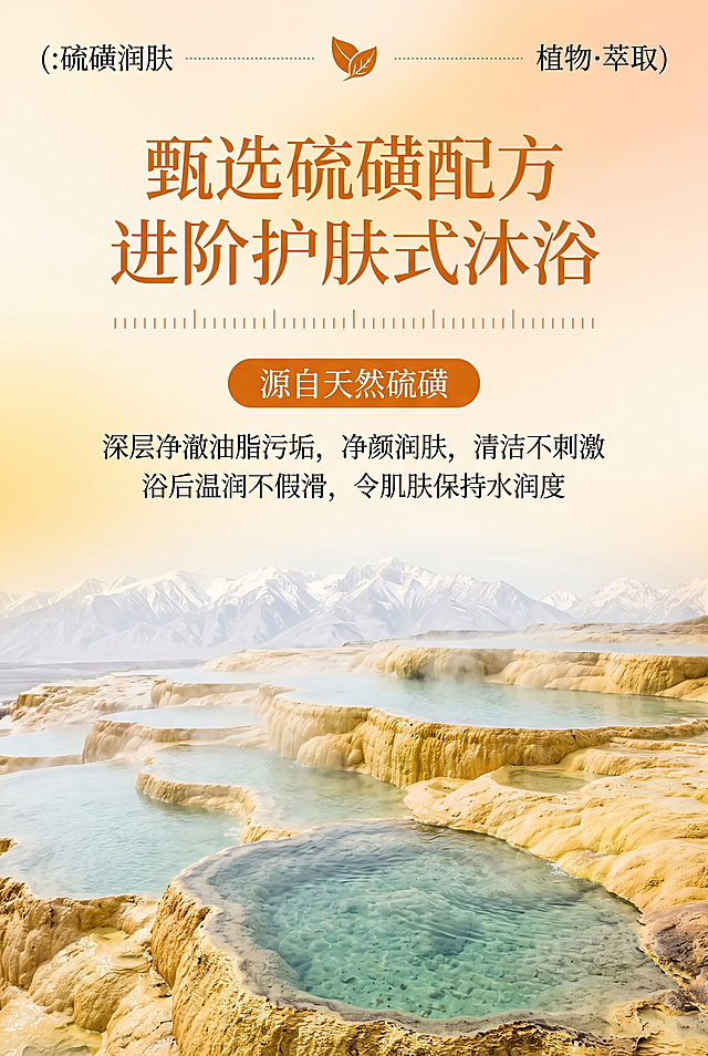 暖调治愈护肤风、米杏/浅橙渐变柔焦背景、暖橙色主题强调色、深灰色正文、顶部标签栏+叶片图标分隔装饰、标题采用简约衬线字体、正文采用无衬线字体、柔和均匀漫射自然光、真实写实质感、充足留白、300dpi高清无噪点。严格还原上传产品参考图，精准复刻产品包装设计、配色、LOGO及细节，本屏不展示完整产品瓶身，聚焦原料场景与核心配方卖点；画面元素比例遵循真实物理空间逻辑，视觉协调自然，无比例失衡。主标题为“甄选硫磺配方”，副标题为“进阶护肤式沐浴”；信息布局：画面顶部设置标签栏，左侧标注“(:硫磺润肤”，中间为橙色双叶片图标，两侧用细虚线延伸连接，右侧标注“植物·萃取)”；主标题位于画面上1/3处居中，副标题在主标题正下方居中，主副标题之间搭配一排长短交替的橙色竖线装饰；主视觉下方居中放置橙色圆角矩形按钮，按钮内文字“源自天然硫磺”；按钮下方居中排列两行说明文字“深层净澈油脂污垢，净颜润肤，清洁不刺激”“浴后温润不假滑，令肌肤保持水润度”；画面下半部分为天然硫磺温泉地貌实景，呈现暖黄色钙化梯田地形与澄澈温泉水，远处背景为淡色雪山，氛围自然纯净；排版形式：上下结构布局，上半部分为文案区，下半部分为场景区，左右对称居中对齐，四周留充足留白，视觉焦点先落在主标题再落到温泉场景；设计细节：背景为米白渐变暖橙色柔焦效果，柔和自然光从画面正上方漫射入射，光影均匀无硬阴影，温泉地貌质感真实自然；标题为暖橙色简约衬线字体，正文为深灰色无衬线字体，字号层级清晰；画面分辨率300dpi，高清无噪点，画面比例为2:3竖版。