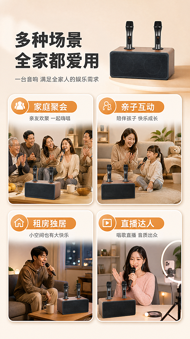 [商品] 使用【图2】闻歌N-S10S家庭KTV音响正面场景图；保留木纹箱体、黑色网罩、双麦克风的结构、颜色、材质和比例；产品原貌不变，用于人群卡片配图。
[画面] 目标：适用人群/场景全覆盖，找到你的使用理由。构图：上标题+下方4个人群卡片2×2排列；每个卡片配小场景缩略图+人群标签+功能匹配说明；背景为浅米色渐变，温暖有亲和力；产品图缩小放在右上角装饰。
[视觉] 套系策略：风格=国内数码家电商业精修风，科技感+温馨家居结合；标题字=思源黑体粗体，大字厚重；正文字=思源黑体常规，清晰易读；主色=深棕木纹色+黑色；背景延展=暖米色渐变背景，同色系深浅层级；强调色=暖橙色，用于人群标签、高亮图标；标题色=深炭灰；正文色=中暖灰；组件=白色圆角人群卡片、橙色标签条、小场景缩略图；光影=均匀柔光，卡片轻微投影。
[文字] 顶部主标题"多种场景 全家都爱用"（深炭灰粗体大字）；副标题"一台音响 满足全家人的娱乐需求"（中灰色小字）；4个人群卡片：1."家庭聚会"-"亲友欢聚 一起嗨唱" 2."亲子互动"-"陪伴孩子 快乐成长" 3."租房独居"-"小空间也有大快乐" 4."直播达人"-"唱歌直播 音质出众"；每个卡片配对应小场景图；所有文字横排。
[规格] 图片比例9:16竖版，4K，负向提示：避免产品变形、错字乱码、文字过小、纯白底、卡片同尺寸宫格、商品颜色改变、冷蓝背景。