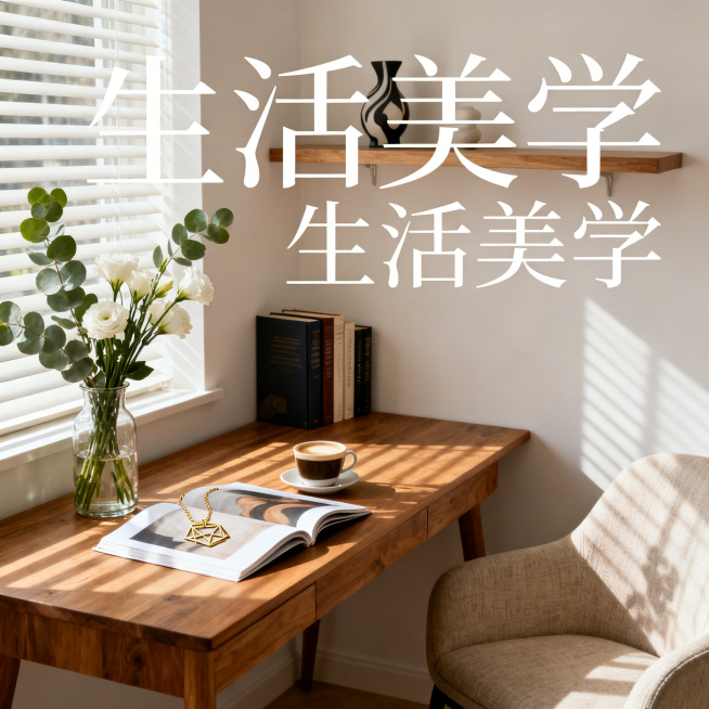 现代简约风格家居生活海报，宁静午后角落，阳光透过百叶窗洒在原木色书桌上，桌上放着插有新鲜尤加利叶和白色洋桔梗的玻璃花瓶，旁边是一本翻开的艺术画册和一杯咖啡，画册上放着一条设计感十足的金色几何项链，书桌预览效果
