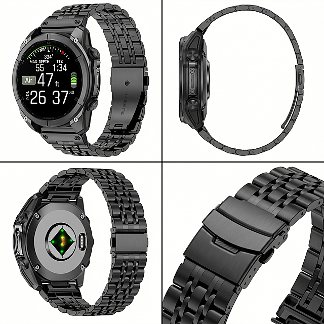 [Main Image 4] Multi-angle collage display of Garmin Quick Release Three-Bead Stainless Steel Watch Band, 4 small pictures arranged in 2x2 grid, showing front, side, back and clasp close-up separately. Each picture maintains the product appearance consistent with the corresponding original input image. White background overall, clean layout, clear separation between each picture, consistent light and shadow style. Collage shows the product from all directions, meets the Amazon platform requirements. Business sports style, 1:1 square, 2K resolution. Negative prompt: deformation, watermark, text garbled, blurred product image, messy background.