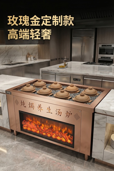 将原黑色商用养生炖汤炉整体外壳改为玫瑰金色，保留原有产品结构、陶锅和玛瑙石设计，正面仿生火焰壁炉保留，整体改为高端玫瑰金色不锈钢材质，背景为干净高端商用餐厨场景，风格高级奢华，主标题为“玫瑰金定制款预览效果