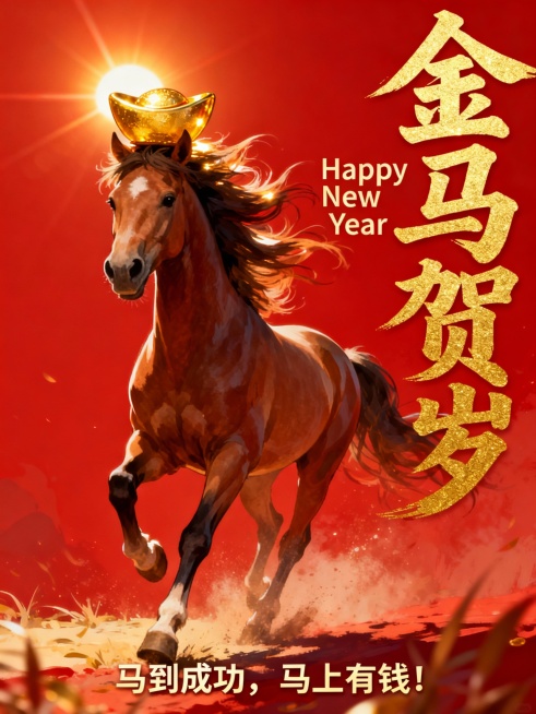 2026年，春节送祝福，一匹奔跑的骏马有远向你驶来，马头上顶着元宝，马综是肆意飘起来，左上角，一屡阳关照在金元包上，右则呈现“金马贺岁”烫金大字，马脚下有一行，字“马到成功，马上有钱！整个马的上面有一预览效果
