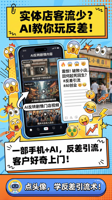 小红书风格竖版营销海报，顶部用黑色加粗字体搭配黄色背景写着“实体店客流少？AI教你玩反差！”，中间展示手机屏幕上AI生成的反差感引流文案和反转剧情门店视频，周围搭配夸张的表情贴纸，下方用黑色字体写着“预览效果