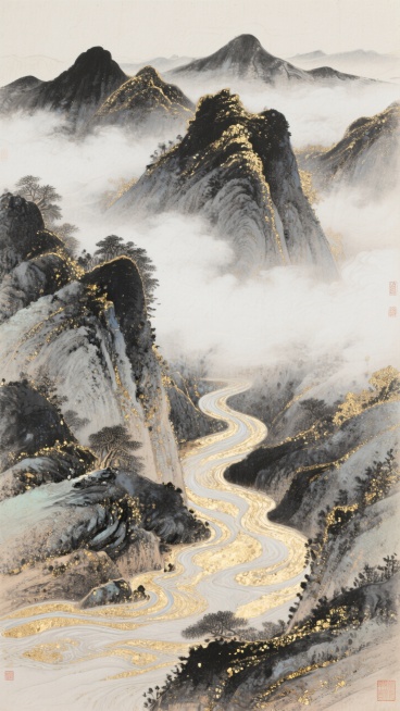 以墨黑、浅灰、鎏金为主色调，山峦，云雾朦胧，河道，丝绸肌理，大量留白预览效果