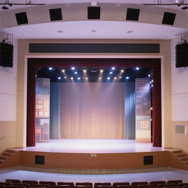 正视角空无一人的校园话剧表演舞台，布置有话剧演出背景幕布，舞台灯光氛围浓厚，整洁干净的校园表演场地预览效果