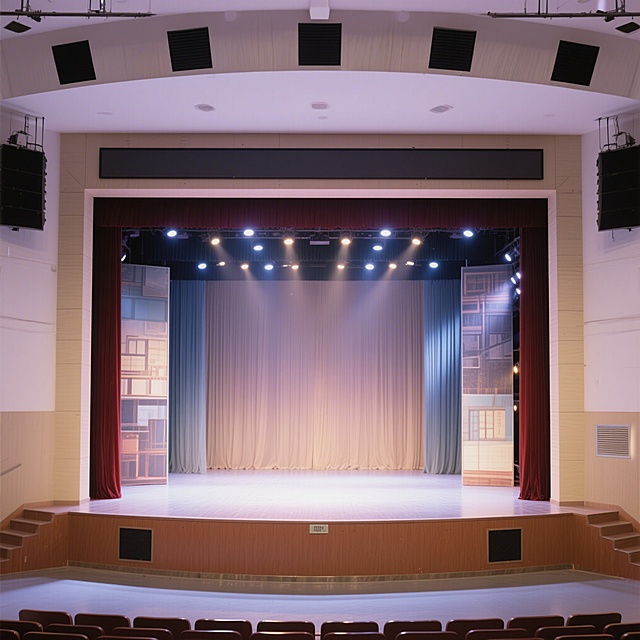 正视角空无一人的校园话剧表演舞台，布置有话剧演出背景幕布，舞台灯光氛围浓厚，整洁干净的校园表演场地