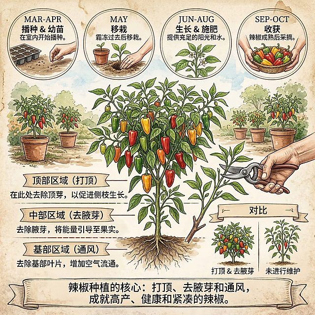 和参考图同款复古水彩手绘风格，介绍辣椒种植知识的信息图，做旧复古纸张背景，手绘辣椒植株，分区域标注文字说明，自然田园风，1:1尺寸