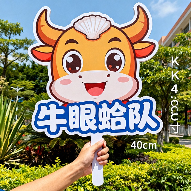 专门定制八个形状不同的，拍照用的kt板手举牌，每个大概40cm左右。
八个形状都不同，上面的文字分别是：海参队、鲟鱼队、赤甲红队、牛眼蛤队、鲍鱼队、皮皮虾队、蚆蛸队、海蛎子队。
每个牌子的形状和卡通图案就根据队伍名的海鲜来设计。 高清大图分辨率100