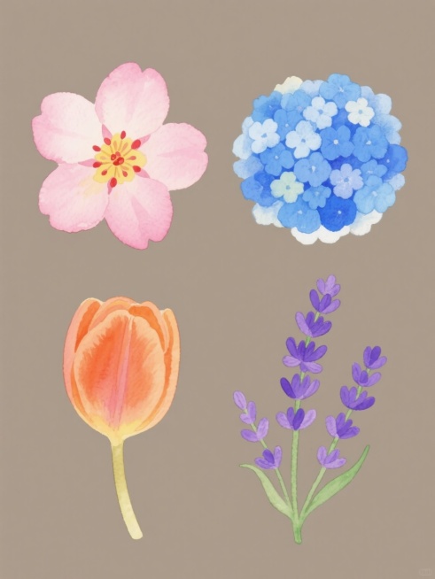 系列素材集合，规整排布于纯色背景上，保持原手绘水彩风格，画面整体色彩变换，包含四个完全不同元素内容：一朵粉色樱花，花瓣边缘柔和渐变，黄色花蕊点缀红色花药；一朵蓝色绣球花，球形花簇由多层蓝色小花组成，花瓣边缘略带白色晕染；一朵橙色郁金香，杯状花瓣饱满，底部颜色稍深，顶部渐浅；一朵紫色薰衣草，细长花瓣呈穗状排列，花茎绿色挺拔。所有花朵均采用平滑水彩笔触，色彩过渡自然，具有半透明质感，背景为统一的纯……预览效果
