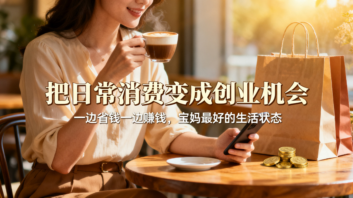 宝妈副业海报，主标题：把日常消费变成创业机会。副标题：一边省钱一边赚钱，宝妈最好的生活状态。阳光舒适下午茶场景，优雅宝妈咖啡配手机，搭配购物袋和金币元素，主副标题分明，温暖治愈风格。预览效果