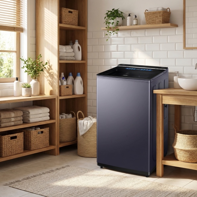 制作这个洗衣机的电商主图，把它放在温馨明亮的洗衣机房右边，不要有别的洗衣机预览效果