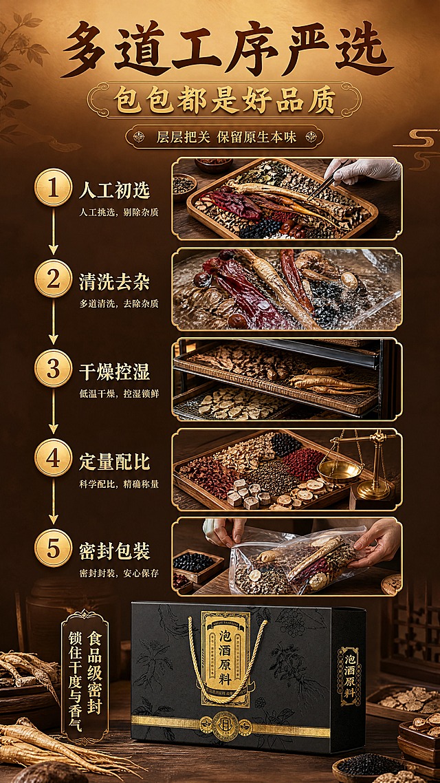 [商品] 使用【图1】泡酒料原料组合和【图2】礼盒包装；原料作为工艺各环节的展示元素，礼盒作为最终成品展示在末端。
[画面] 品质工艺屏，目标展示多道工序层层把关。纵向流程式构图，从上到下分5个工艺步骤小图（或图标+原料局部特写组合），呈竖排时间线排列，用金色箭头/线条连接；左侧为步骤序号与名称，右侧为对应画面。底部展示密封包装的成品礼盒。背景为暖棕色渐变，从上到下由浅到深。整体为信息图+实拍结合的风格。
[视觉] 套系策略：风格=中式传统滋补养生商业摄影风，暖棕金调，高级质感；标题字=国风书法宋体粗体；正文字=简洁宋体/衬线体；主色=深棕+暖金；背景延展=基于暖棕做深浅层级、同色渐变与木质/宣纸纹理；强调色=烫金色，仅用于小面积图标、引线、标签和装饰线条；标题色=深棕色（主标题）+烫金色（副标题/装饰）；正文色=深棕/暖褐色；组件=金色圆形步骤序号、竖向时间线、圆角工艺小图框、中式装饰元素；光影=统一暖调柔光，各小图光影一致。
[文字] 顶部主标题"多道工序严选"，副标题"包包都是好品质"，金色小标"层层把关 保留原生本味"；5个步骤竖排："1.人工初选""2.清洗去杂""3.干燥控湿""4.定量配比""5.密封包装"，每步配1行简短说明；底部礼盒旁配"食品级密封 锁住干度与香气"。所有文字横排。
[规格] 图片比例9:16竖版，4K，medium质量，避免变形、错字、文字过小、冷蓝背景、虚假功效。