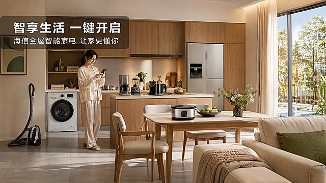 [第6张] 详情页真实场景沉浸-现代智能家居厨房+客厅全景使用场景。本张使用【图1】家电组合融入场景。
[氛围/风格] 现代家居生活场景，温暖自然光，高品质生活感，真实沉浸，商业摄影质感。
[元素布局] 展示一个现代开放式厨房与餐厅相连的全景家居场景，大面积落地窗，阳光洒入；海信智能家电自然融入场景：对开门冰箱嵌入厨房橱柜，滚筒洗衣机在洗衣区，咖啡机和电热水壶在厨房岛台，电饭煲在餐桌上，吸尘器靠在墙角；画面中有一位中国年轻女性（30岁左右，休闲家居服）在厨房轻松操作手机，家电自动运行；产品结构、颜色、材质与输入图一致，自然摆放不悬浮。
[光影质感] 右侧窗户自然光为主光源，暖色调，产品表面有环境光反射，阴影柔和自然，与场景光线方向一致，接触真实。
[配色色系] 全局场景色：木色橱柜、白色墙面、浅灰地砖、暖光；主色温暖自然光；辅助色家电银白/白色；点缀色绿植、装饰画。
[视角构图] 全景平视视角，场景开阔，阅读动线左侧人物 → 中部厨房家电 → 右侧餐厅区域。
[文字版式] 画面左上角主标题「智享生活 一键开启」，副标题「海信全屋智能家电 让家更懂你」；文字白色，半透明深色底衬提高可读性，放在左上角负空间，不遮挡人物与产品主体。
[比例分辨率] 16:9横版比例，4K分辨率，文字清晰可辨，高清画质。
[负向提示词] 产品变形，缺件错件，颜色偏差，水印，文字错乱，产品图模糊，人物面部扭曲，肢体穿模，背景杂乱。