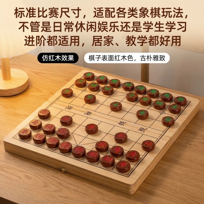 画面展示象棋在棋盘上的摆放效果，旁配文字“标准比赛尺寸，适配各类象棋玩法，不管是日常休闲娱乐还是学生学习进阶都适用，居家、教学都好用”，风格温馨实用，淘宝电商主图预览效果