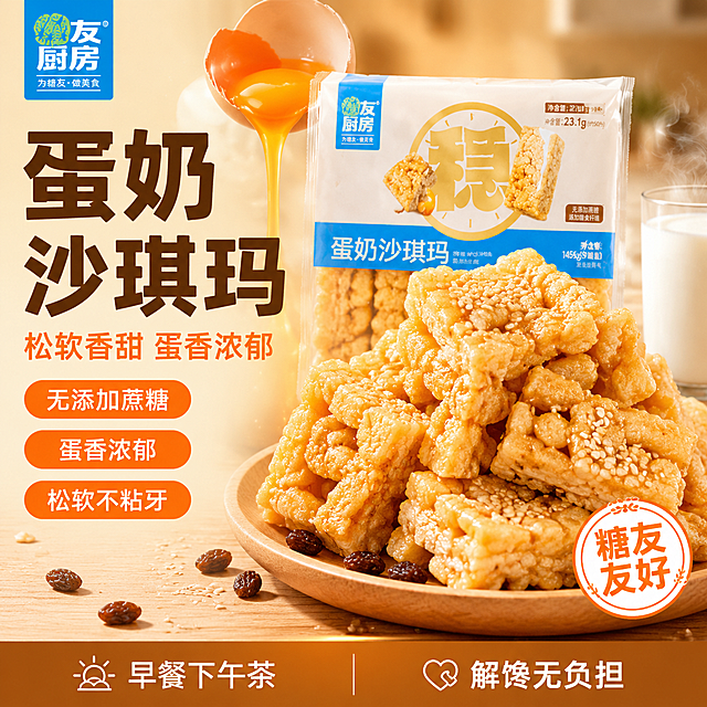 单张电商爆款主图，糖友厨房蛋奶沙琪玛，爆款促销感路线，高点击强转化。画面主体：蛋奶沙琪玛产品，金黄色沙琪玛块堆叠摆放，旁边有产品包装袋（糖友厨房品牌，蛋奶沙琪玛字样），包装袋外观与输入产品图一致，杜绝变形和色差。沙琪玛块在前偏右，包装袋在后稍左，呈前后错落层次，主体占画面约55%。构图版式：左文右品标签参数型。左侧38%区域放文案信息，右侧62%区域放产品主体。场景元素：背景为暖米色到浅橙渐变，带有淡淡的鸡蛋纹理和光斑，营造温馨食欲感；产品放置在浅木色餐盘上，餐盘下是木质桌面；沙琪玛表面有晶莹的糖霜和鸡蛋光泽，旁边撒落几颗葡萄干和芝麻点缀；左上方有一个破开的鸡蛋，蛋液流动的动态瞬间，表现蛋奶原料；右侧有一杯热牛奶作搭配；周围有淡淡的热气/蒸汽效果，表现新鲜出炉的感觉；背景虚化的厨房场景。文案版式：左上角放糖友厨房品牌Logo。主标题两行超大粗黑体"蛋奶沙琪玛"，深棕色，字号最大。主标题下方一行副标题"松软香甜 蛋香浓郁"，暖橙色，约为标题1/2大小。再下方三个圆角胶囊标签纵向排列，分别是"无添加蔗糖""蛋香浓郁""松软不粘牙"，橙底白字。右下角产品旁有一个圆形小印章"糖友友好"。底部通栏暖棕底条，左侧"早餐下午茶"右侧"解馋无负担"小字。光影质感：自然暖光从右上方打来，沙琪玛表面有金黄光泽和细腻纹理，糖霜晶莹剔透，鸡蛋液有流动光泽，底部有自然投影和台面倒影，背景虚化突出主体，整体食欲感强、温暖诱人。配色字体：主色暖橙/金黄色，辅助色米白+暖棕，强调色深棕；主标题粗黑体厚重有力，副标题和标签文字清晰可读，层级分明。1:1正方形比例，2K超高清，商业摄影质感。负向提示：变形、水印、错字、糊字、伪Logo、主体遮挡、背景杂乱、低清晰度、人物面部、多余的手。