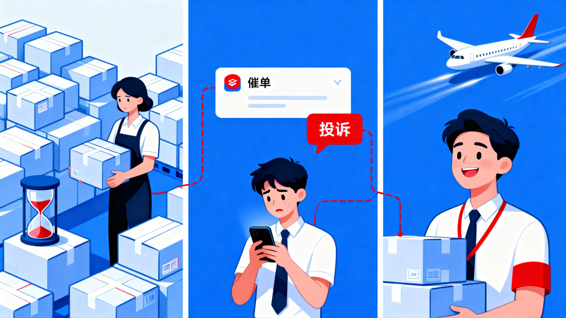 简约卡通插画风，跨境电商物流主题，画面为三格横向拼接的三联图，左中右三部分，整体风格统一，蓝色为主色调，局部红色点缀，商业广告风，干净背景，大面积留白用于添加文字，无文字无logo。左侧画面：卡通卖家预览效果