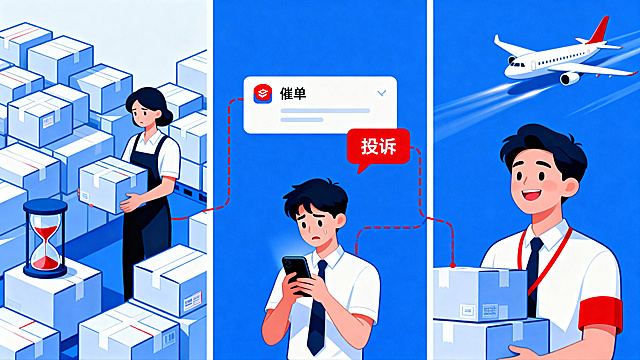 简约卡通插画风，跨境电商物流主题，画面为三格横向拼接的三联图，左中右三部分，整体风格统一，蓝色为主色调，局部红色点缀，商业广告风，干净背景，大面积留白用于添加文字，无文字无logo。左侧画面：卡通卖家在打包包裹，周围堆满大量包裹，画面略显拥挤，有沙漏象征等待时间长，人物表情无奈，表现发货慢的问题。中间画面：卡通人物看手机，手机不断弹出消息通知，内容是催单和投诉，人物表情焦虑崩溃，画面有红色提示元素，情绪最强烈。右侧画面：卡通卖家轻松微笑，包裹顺畅运输，一架飞机快速飞行，整体画面流畅无阻，氛围轻松愉快，表现高效发货。三部分之间自然过渡，用运输线路连接，有连贯感，整体统一风格，适合做短视频封面