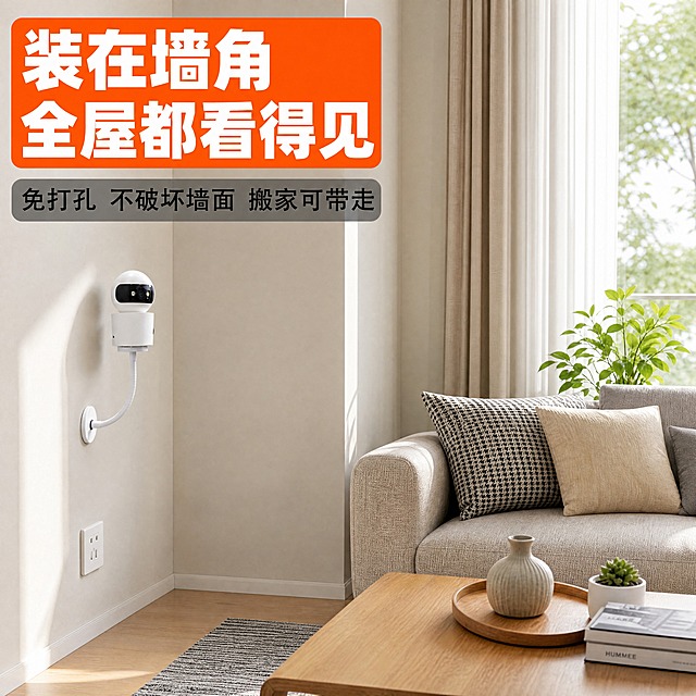 [商品] 使用【图5】客厅墙角安装场景图；保留白色磁吸长颈支架、联想双摄像头、墙面安装状态、墙角位置、电源插座；产品角度、安装高度、墙面投影自然真实，客厅环境协调。
[画面] 第7张场景展示页，单场景大图型，目标展示居家安装效果与监控视野；产品安装在左侧墙面墙角位置，占画面约40%，右侧为客厅沙发、窗帘、绿植、茶几等家居环境，营造温馨居家安防氛围；左上角配橙色标题框。
[视觉] 套系策略：风格=国内电商科技家居商业摄影风；标题字=粗黑无衬线黑体；正文字=简洁无衬线黑体；主色=暖米白+浅灰；背景延展=真实客厅居家场景，暖色调自然光；强调色=亮橙色，仅用于标题框和高亮标签；标题色=白色（橙色底上）；正文色=深灰；组件=橙色圆角标题框、灰色副标题条；光影=自然窗边柔光，墙面有光影层次，氛围感强。
[文字] 左上角橙色底白字主标题"装在墙角 全屋都看得见"，下方灰色底黑字副标题"免打孔 不破坏墙面 搬家可带走"；文字横排，标题醒目，不遮挡产品主体和关键场景元素。
[规格] 图片比例1:1正方形，4K分辨率，medium质量；避免变形、错字、产品比例失调、场景光线不自然。