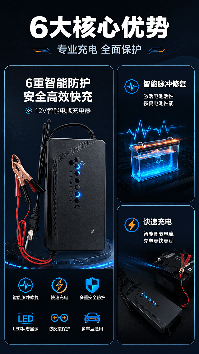 [商品] 使用【图1】12V智能电瓶充电器，黑色磨砂主机、竖排六边形LED指示灯、侧面三角纹理、红黑鳄鱼夹、国标三插线；保留产品原貌，做清晰化处理。
[画面] 第3张·核心卖点总览，目标：6大核心功能一图看懂。左1大卡+右2小卡瀑布流布局，左侧大卡放产品主图+核心卖点，右侧上下2张小卡分别展示不同功能角度；产品在大卡中占约50%，小卡配功能图标+短文案；背景为深蓝灰渐变+细微科技纹理。
[视觉] 套系策略：风格=深色科技工业风商业摄影；标题字=粗黑无衬线黑体；正文字=简洁无衬线中黑体；主色=深炭黑+深蓝灰；背景延展=基于深炭黑做深蓝渐变、网格纹理、电路光效线条层级；强调色=电光蓝+橙红，仅用于小面积图标、引线、LED灯效和标签；标题色=纯白；正文色=浅灰蓝；组件=圆角深色信息卡、细线引线、科技感图标；光影=统一冷硬主光，卡片有轻微悬浮投影。
[文字] 顶部主标题「6大核心优势」，副标题「专业充电 全面保护」；6个卖点分别为：智能脉冲修复、快速充电、多重安全防护、LED状态显示、防反接保护、多车型通用；每个卖点配对应图标，文字横排，层级清晰。
[规格] 淘宝/天猫详情页，单屏比例9:16竖版，4K分辨率，负向提示：避免变形、错字、文字过小、纯白底icon宫格、产品颜色改变、极限词。