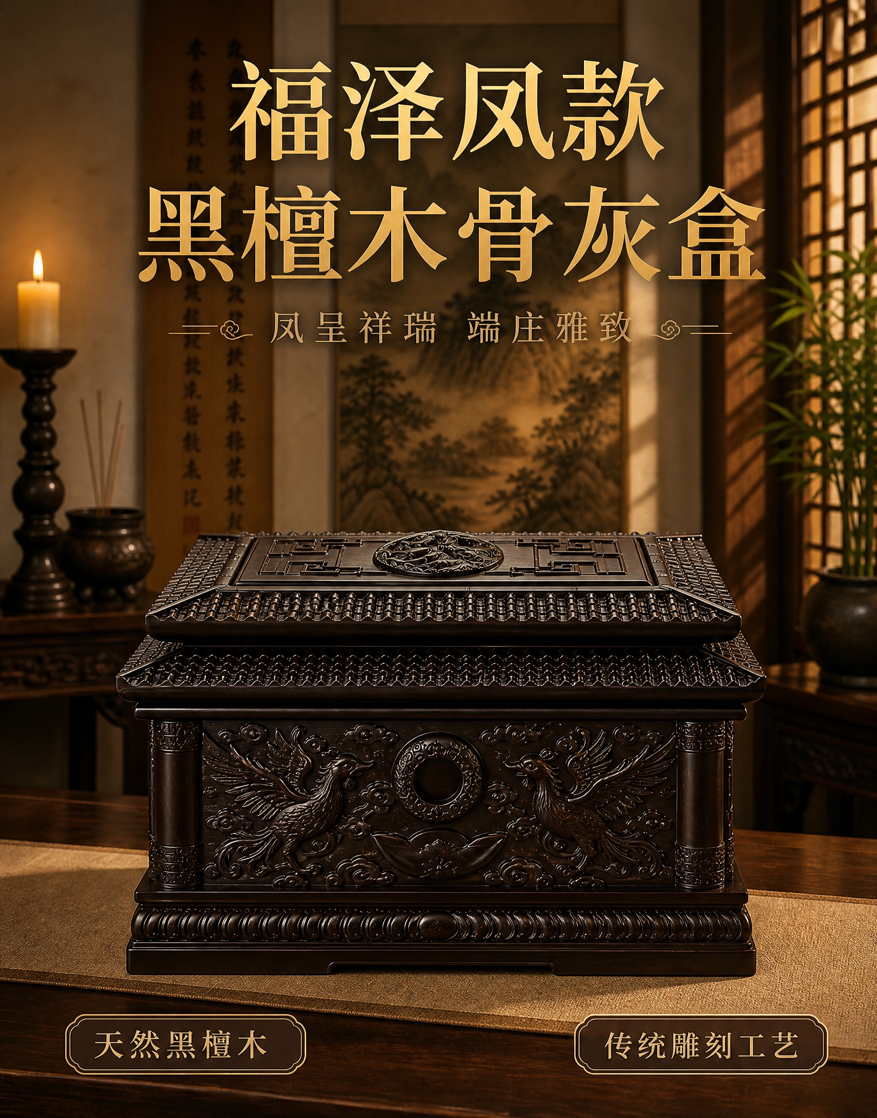 [凤款-竖版1-首图] 福泽凤款黑檀木骨灰盒首图，竖版790×… - 图片创意预览