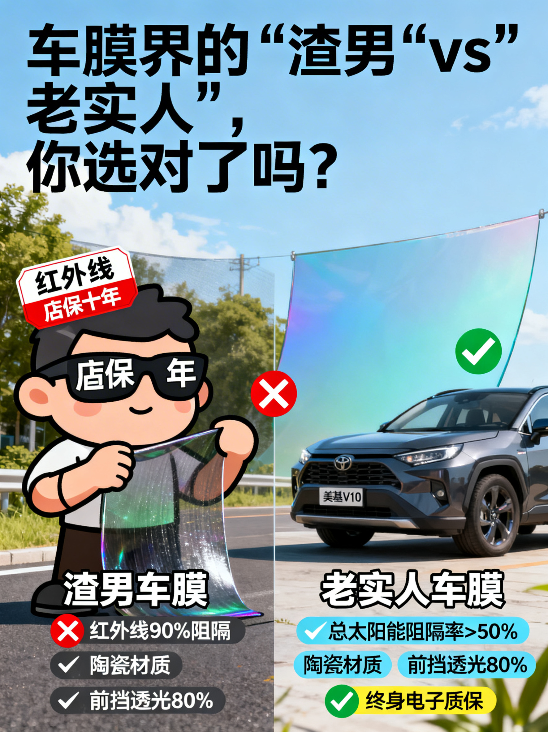 汽车膜选购科普海报第一张，采用趣味对比风格，左侧是‘渣男车膜’… - 图片创意预览
