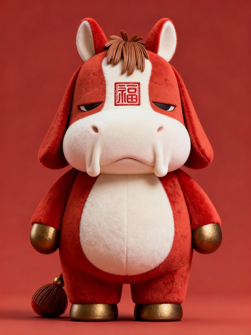 原创马 IP 形象设计，核心记忆点：头部佩戴永久性超大宽檐钟形帽，帽檐大幅向下遮挡，完全遮盖眼部与半张脸，仅露出粉色小圆鼻与微嘟的嘴部，帽子顶部有一根短小柱状装饰，颈部缠绕粗针织围脖。身体为圆润梨形，预览效果