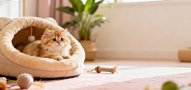 一只可爱的金渐层幼猫位于画面左侧，处在温馨舒适的家居养猫环境中，画面右侧留有大量留白，整体画面清晰柔和，风格温暖治愈