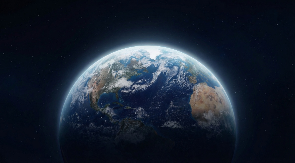 参考图中宇宙深空背景风格，前景呈现地球，地球周边添加柔和的光晕反射效果，画面深邃静谧预览效果