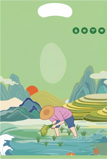将原图改为平面插画风格，保持原有内容：浅绿色包装背景，弯腰插秧的农民，梯田山川红日，保持整体国潮插画的平面设计感，去除渐变和立体感，改为扁平风格平面图预览效果