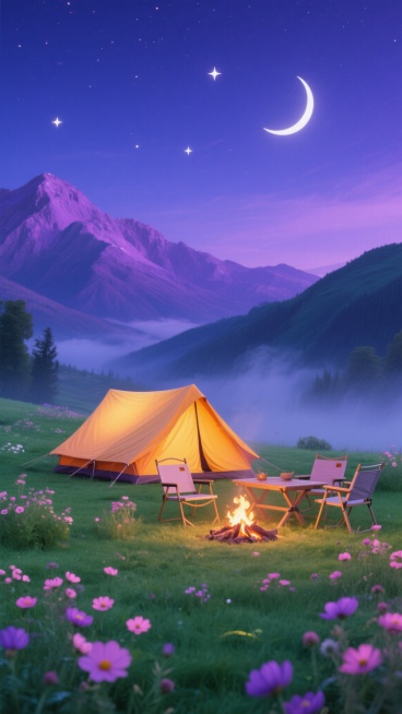 一个橙黄色的帐篷和一套户外桌椅，位于一片绿色的草地上，四周点缀着粉色和紫色的野花。远处是连绵起伏的紫色山脉，天空呈现出深邃的蓝紫色，点缀着几颗明亮的星星和一轮弯月。帐篷旁边有一个燃烧的篝火堆，散发出温暖的光芒。空气中弥漫着淡淡的雾气，营造出一种神秘而宁静的氛围。预览效果