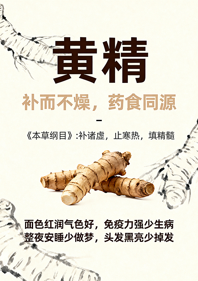 黄精宣传海报，A4尺寸，内容包含大标题"黄精"，副标题"补而不燥，药食同源"，引用文字"《本草纲目》:补诸虚，止寒热，填精髓"，功效文字"面色红润气色好，免疫力强少生病，整夜安睡少做梦，头发黑亮少掉发"，整体风格简约大气，适合养生保健产品宣传，中药养生风格背景