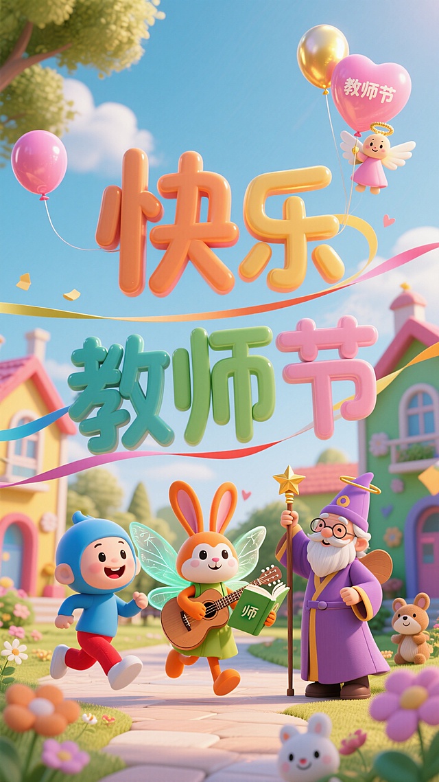 3D卡通风格，拟人角色欢乐庆祝教师节，波普艺术色彩鲜艳，营造可爱温馨氛围。