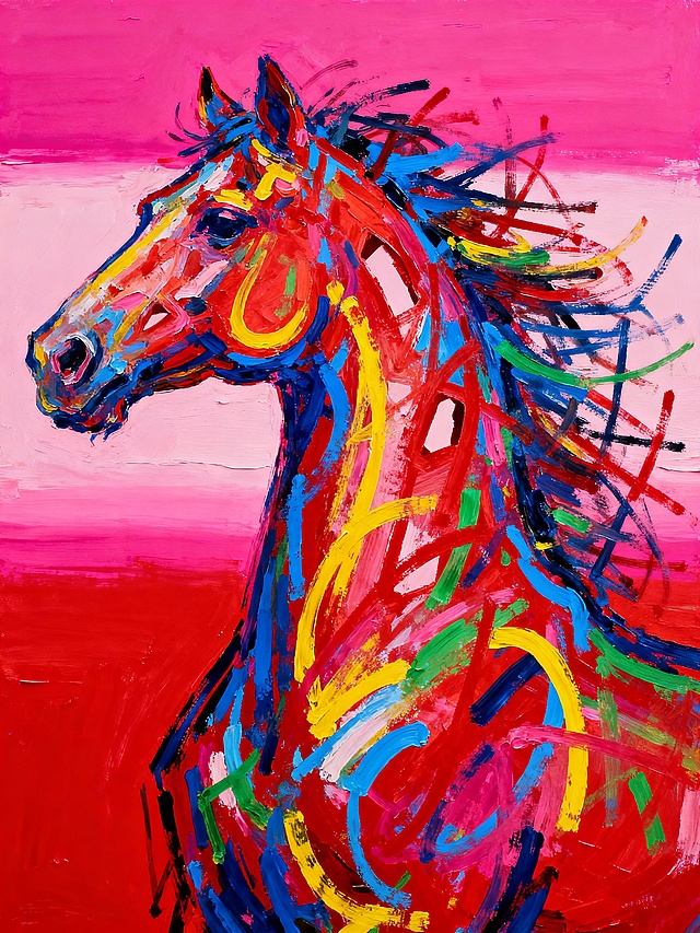 凌乱的外轮廓，及其狂野随意的线条，纯涂鸦记号笔画，高饱和抽象马首形状（狂野奔放的彩色曲线，空隙）；鬃毛飞扬；及高饱和粉渐变背景（上下深粉，中间浅粉）；风格是抽象主义+笔触风格，兼具强烈的色彩碰撞与自由的笔触张力；色调色彩以红、蓝、黄、绿为主，背景用大红色。