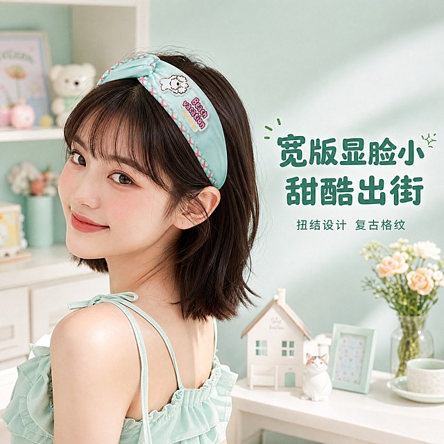电商主图4，淘宝/天猫风格，1:1比例。年轻女生佩戴miiiiichan薄荷绿扭结宽版发箍，半侧身人像，展示佩戴效果。女生齐肩短发，发箍戴在头顶，扭结设计和小狗贴片清晰可见，女生表情甜美清新，穿薄荷绿连衣裙或白色度假风上衣。背景为软萌治愈系室内场景，薄荷绿墙面，有可爱的小摆件和装饰，柔和自然光。右侧文字区：主标题"宽版显脸小 甜酷出街"，圆润字体深薄荷绿色；下方小字"扭结设计 复古格纹"。人物和发箍占画面约65%，发箍清晰可见。商业人像摄影质感，柔和侧光，氛围清新治愈。禁止变形、错字、模糊、水印、平台Logo。