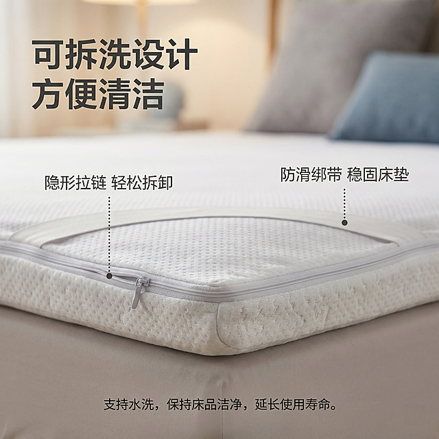 [主图 4] 可拆洗功能细节特写
[氛围/风格] 温馨舒适家居风，光影风格与全套主图保持一致。
[画面元素] 商业摄影质感、光线柔和通透、产品清晰真实、画面干净高级。特写展示床垫外套的拉链和防滑固定绑带细节，清晰展示可拆洗设计结构，背景虚化，聚焦产品细节，保持产品原特征。
[配色色系] 主色调：浅米白；辅助色：浅灰、柔蓝，统一柔和。
[视角构图] 特写平视，聚焦细节，浅景深。
[文字版式] 顶部左对齐主标题 "可拆洗设计 方便清洁" 深灰色粗体，右侧使用两个小圆点引线分别标注拉链位置和绑带位置并添加小字说明，底部横排文字说明，字体风格保持统一，文字清晰不遮挡主体。
[比例分辨率] 1:1比例，2k分辨率；文字清晰可辨，超高清。
[负向提示词] 变形，水印，文字错乱，产品图模糊，背景杂乱，遮挡主体，配色刺眼
