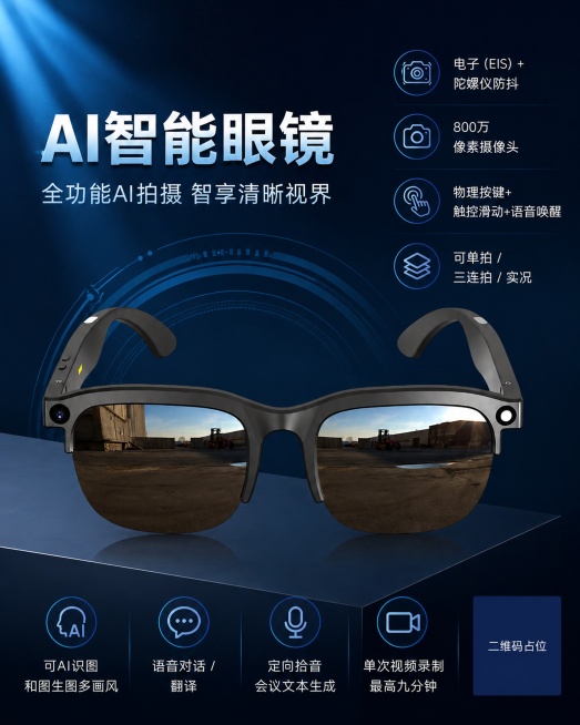 基于图2模板版式修改：保留AI智能眼镜产品主体，将标题从SWAI AI智能眼镜改为AI智能眼镜，删除左上角logo和SWAI文字，删除位置补充深蓝色科技渐变背景自然衔接，保留图片右侧的拍摄功能说明和下预览效果