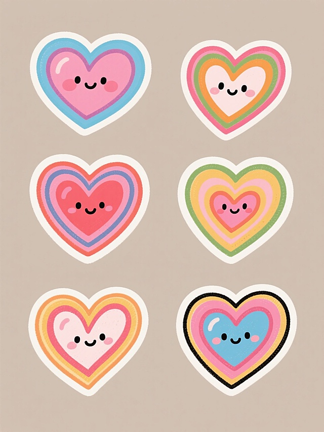 一组6个手绘卡通风格爱心素材集合，规整排布在纯色背景上，每个爱心造型独特、角度各异，保留原有的爱心元素内容，采用全新的鲜明色彩搭配，线条富有手绘质感，造型生动可爱，整体视觉风格统一且富有变化，无文字、二维码及多余装饰元素。