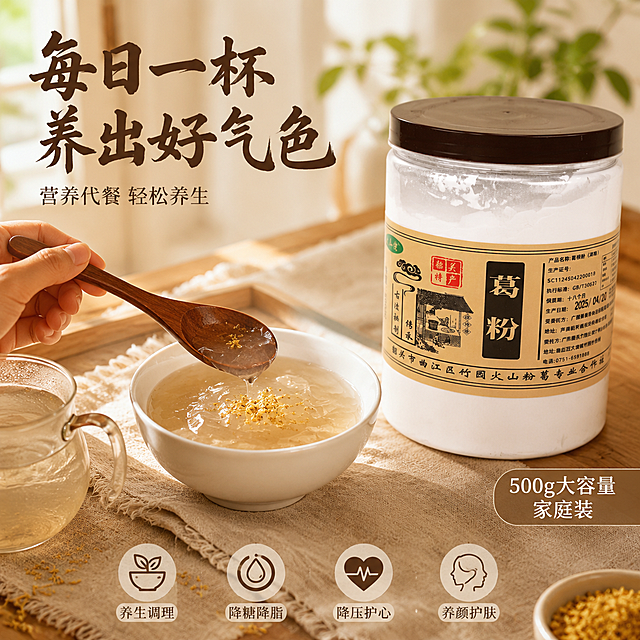 [主图-3] 大塘火山葛根粉细节与食用场景图，温馨养生风。
[氛围风格] 温馨居家养生场景，温暖治愈，展现日常食用的舒适感；
[画质] 商业摄影质感、光线柔和温暖、产品清晰真实、细节细腻动人。
[元素] 画面右侧放置一罐大塘火山葛根粉（伙山佬品牌），略微倾斜展示罐身标签；左侧为温馨餐桌场景，木质桌面上铺着米色棉麻餐布，中央一只白瓷碗盛着冲调好的透明葛根糊，表面撒有少许桂花点缀，旁边放着玻璃小水壶和木勺；一只女性手部（仅露出手腕和手指局部）正持勺准备食用，手部自然优雅；背景虚化的窗边有绿植和阳光洒入。保持葛根粉罐装产品外观（即物理结构、材质质感、颜色、标签设计）与输入产品图完全一致，杜绝任何变形和色差，精细化处理。商品主体占比约50%，画面满屏无边框。
[光影] 暖调窗边自然光从左侧进入，形成柔和的侧光，碗中葛根糊呈现晶莹剔透的质感，桌面有温暖光斑，整体氛围温馨治愈。
[配色] 主色暖木棕、米白；辅色桂花黄、浅绿。
[视角构图] 微俯视45度角，餐桌场景为主体，产品罐在右侧呼应；景深较浅，焦点集中在碗中葛根糊和产品罐上。
[文字版式] 左上负空间左对齐留安全边距，主标题“每日一杯 养出好气色”粗笔书法体深棕色大号；下方辅助文案“营养代餐 轻松养生”细宋体，字号约为标题的1/3。右下角小标签“500g大容量 家庭装”。底部中间四个小图标横向排列：“养生调理”“降糖降脂”“降压护心”“养颜护肤”，图标+文字组合，小号字体。
[输出要求] 1:1比例，文字清晰锐利，超高清商业摄影质感。
[负向提示词] 变形，文字错乱，产品图模糊，背景杂乱，水印，电商平台Logo，多余的手指，畸形手，手部扭曲，人物面部。