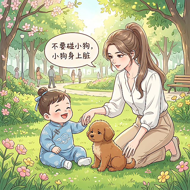 漫画风格，6-10个月大的小孩小仙君在户外公园里和小狗玩耍，美丽的妈妈温柔上前阻止，微笑着对小仙君说“不要碰小狗，小狗身上脏”，妈妈神情严格，面部精致线条凌厉，妈妈和小仙君都穿现代日常装扮，整体保持柔和清新的可爱漫画风格，公园里阳光明媚，绿意盎然