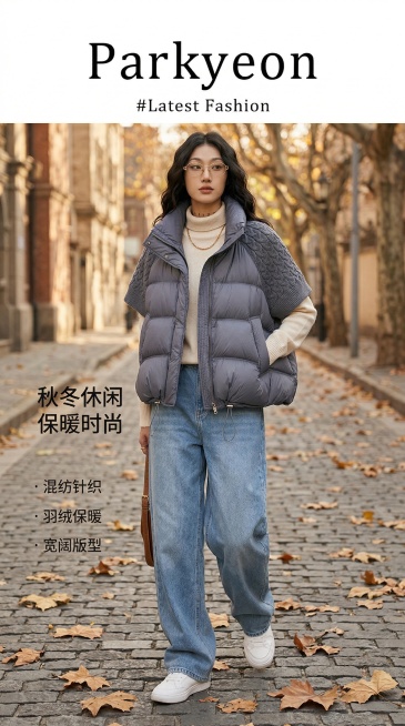 第 8 屏：穿搭场景展示（休闲风）9:16 竖版，严格还原图 1 灰色马甲所有细节，1:1 还原产品尺寸比例。模特使用图 2 指定模特，休闲穿搭：内搭米白色针织打底衫，下装搭配蓝色阔腿牛仔裤，脚踩白色预览效果