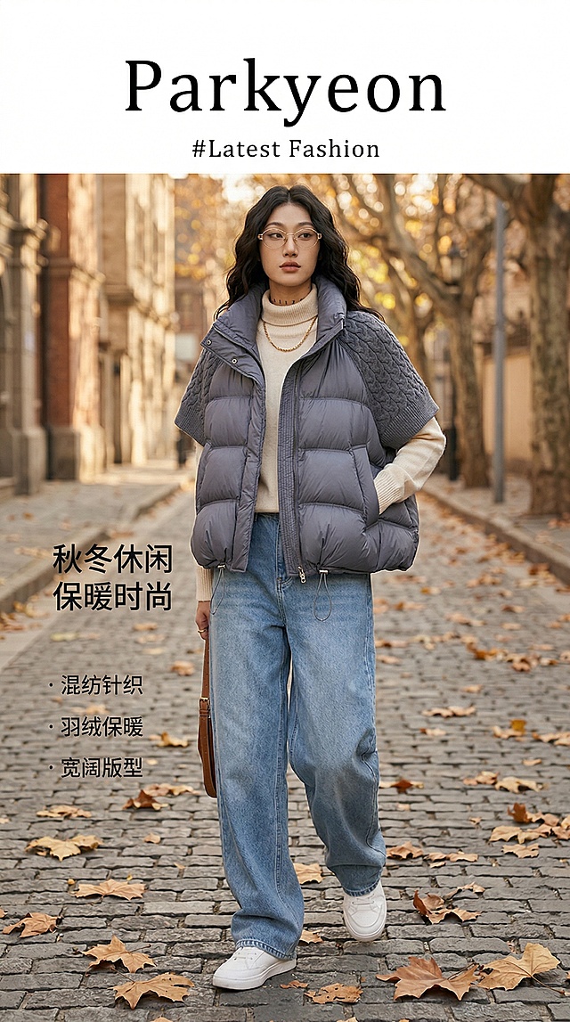 第 8 屏：穿搭场景展示（休闲风）9:16 竖版，严格还原图 1 灰色马甲所有细节，1:1 还原产品尺寸比例。模特使用图 2 指定模特，休闲穿搭：内搭米白色针织打底衫，下装搭配蓝色阔腿牛仔裤，脚踩白色运动鞋，佩戴简约项链，整体风格松弛休闲。模特站在秋冬户外街头，背景为梧桐落叶，暖调自然光，营造秋冬休闲氛围。杂志排版，主视觉为模特全身，标注卖点「秋冬休闲 保暖时尚」，字体简约，突出产品休闲穿搭属性，适配日常出行场景。「图片1」「图片1」