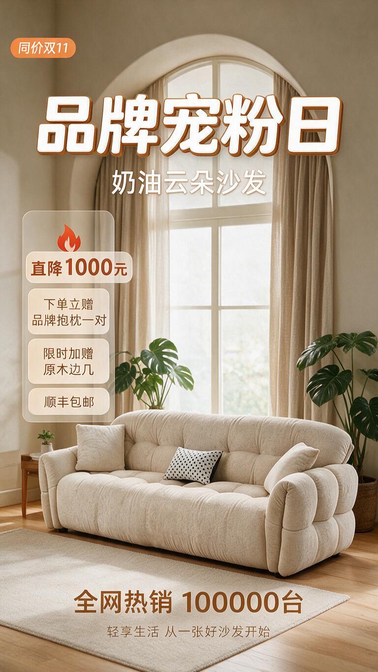 图生图模式：基于提供的奶油云朵沙发产品图，生成9:16竖版淘宝… - 图片创意预览