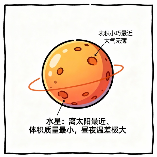 根据以下描述，生成卡通图片：
第1张图：水星是离太阳最近，并且体积和质量最小的行星，水星表面大气稀薄，昼夜温差极大，是太阳系中温差最大的行星。
第2张图：金星是离太阳第二近的行星，因浓密的二氧化碳大气预览效果