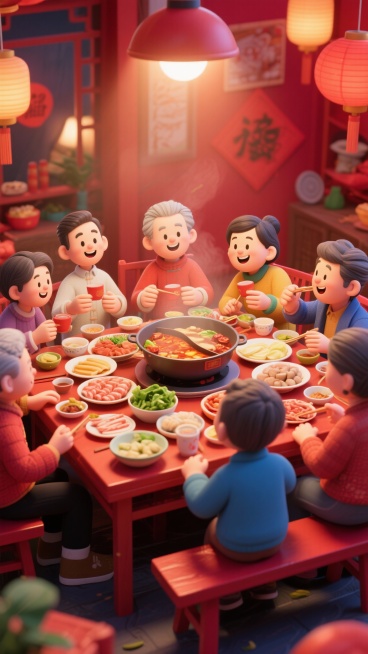 团圆聚餐一起吃火锅场景。红色喜庆颜色预览效果