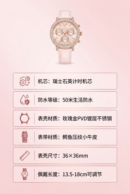 2:3竖屏电商详情页参数说明设计，整体采用纯净的浅粉色柔光背景，画面顶部居中放置施华洛世奇腕表的小尺寸产品图，严格还原上传的产品图，包括包装设计、颜色、LOGO位置、文字内容、图案元素等所有细节，产品预览效果