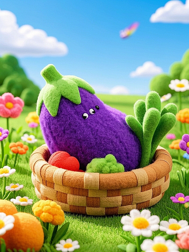 卡通拟人茄子，置身花篮，清新插画风，可爱感十足，春日田园氛围。