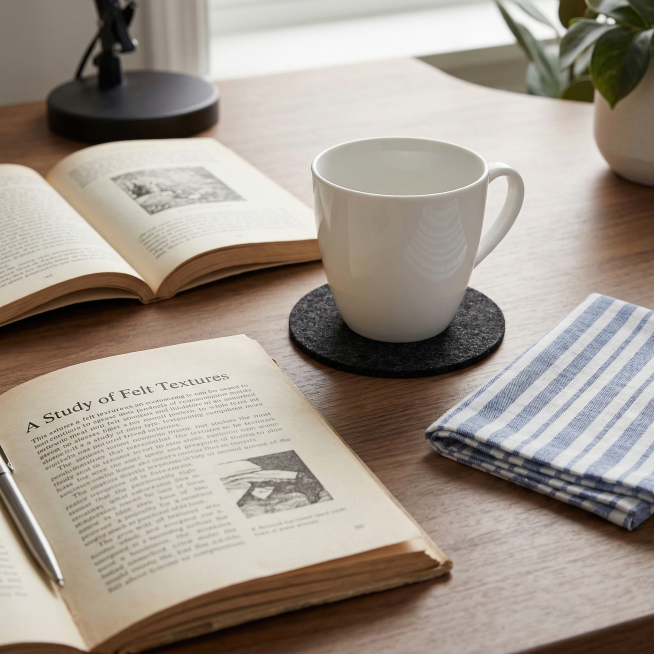 将图中的黑色圆形毛毡垫子放置在书桌的白色陶瓷咖啡杯下方，垫子旁边添加折叠整齐的手帕，还有一本摊开的书本，整体是温馨的日常书桌场景，光线柔和自然预览效果